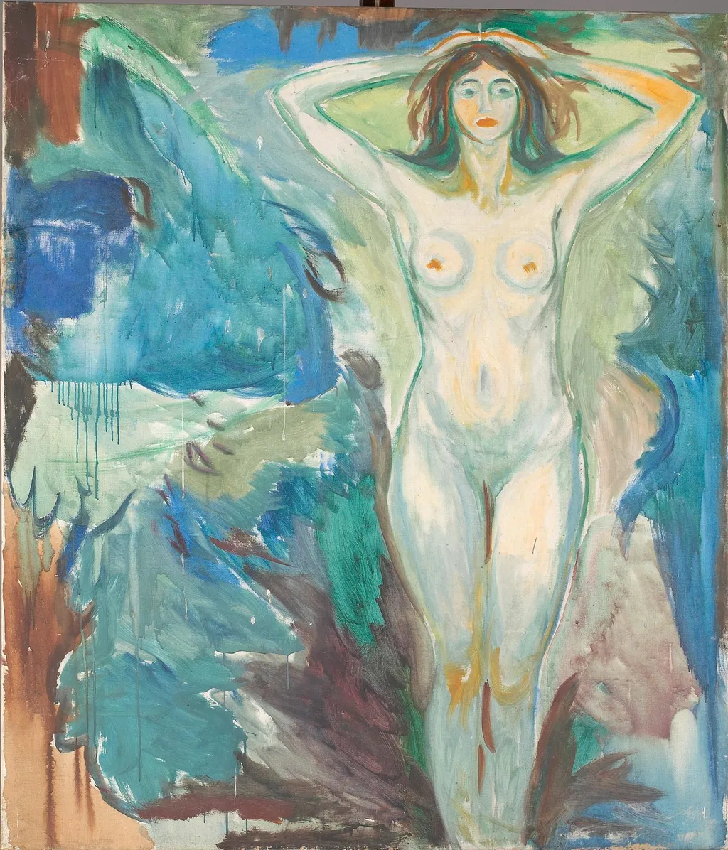 Standing Nude against Blue Background, by Edvard Munch, oil, 1925