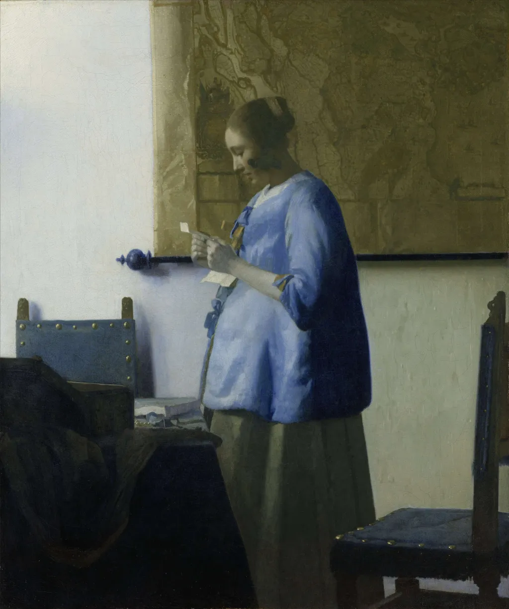 Woman in Blue Reading a Letter, by Johannes Vermeer, oil, 1664