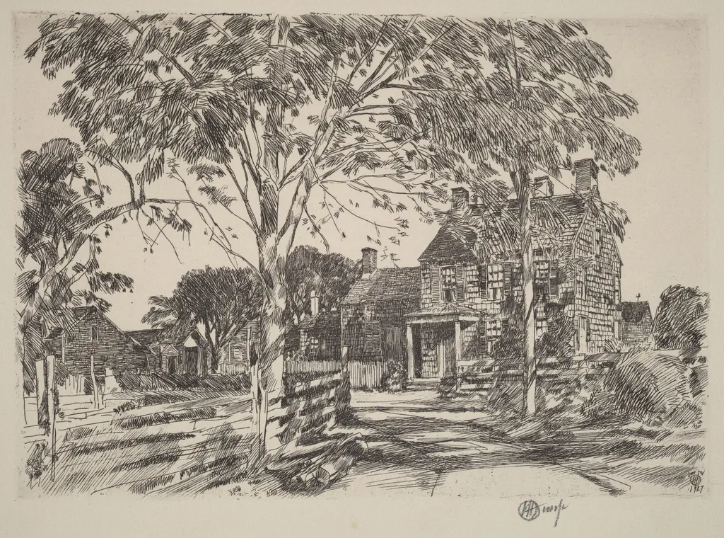 Walt Whitman's Birthplace, by Childe Hassam, ink, 1927