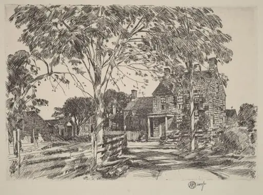Walt Whitman's Birthplace, by Childe Hassam, ink, 1927
