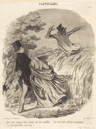 Que nous sommes bêtes d'avoir une peur pareille..., by Honoré Daumier, ink, 1845