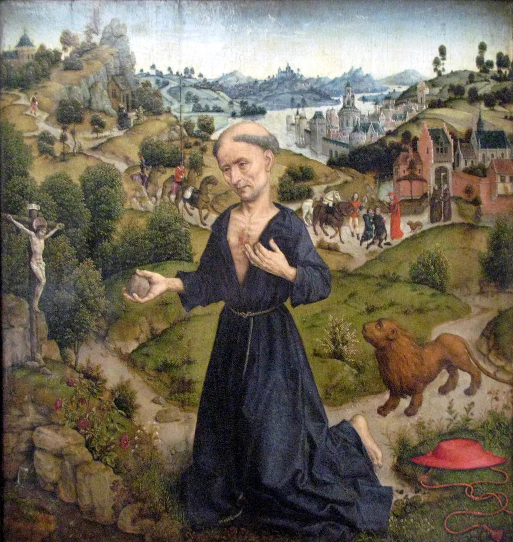 De boetvaardige H. Hieronymus in de woestijn, by Aelbrecht Bouts, oil, 1490
