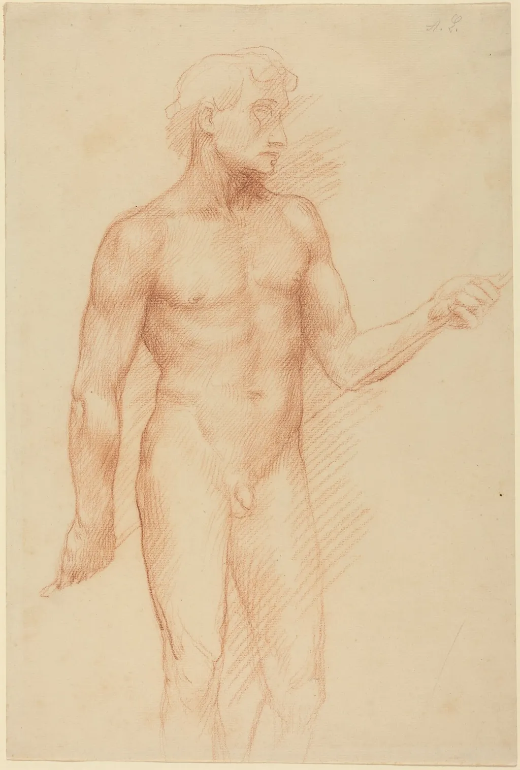 Study of a Man's Figure, Holding Rod behind Back, by Alphonse Legros, chalk, 1874