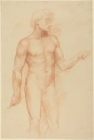 Study of a Man's Figure, Holding Rod behind Back, by Alphonse Legros, chalk, 1874