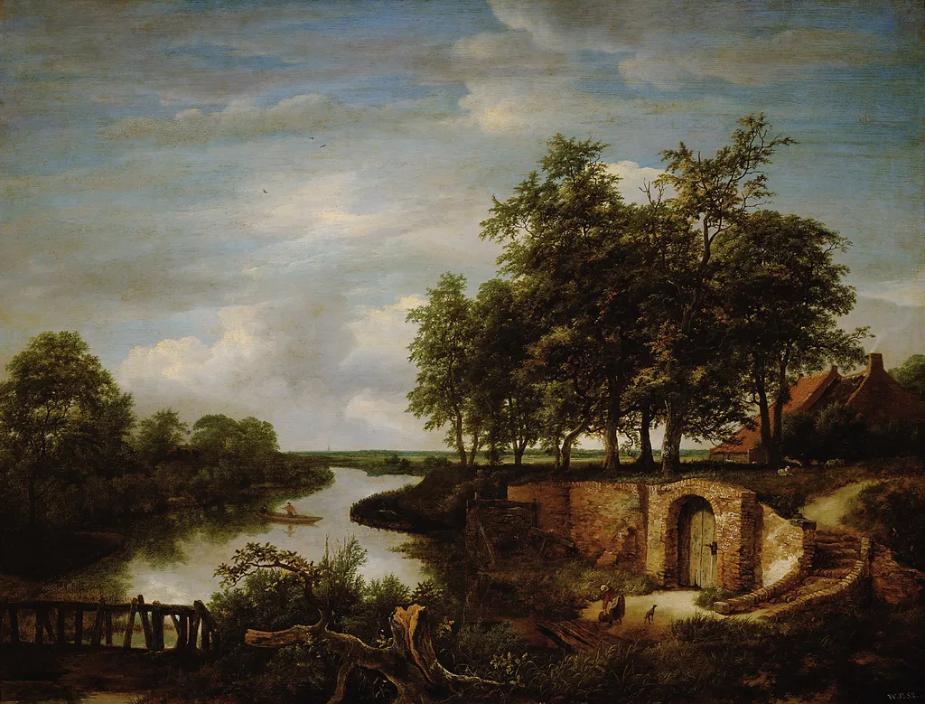 Landscape with river and cellar entrance, by Jacob van Ruisdael, oil, 1649