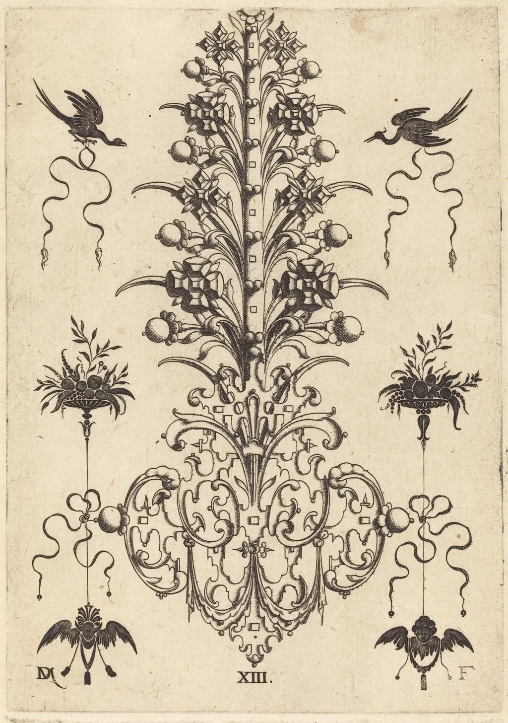 Hyacinth-Shaped Brooch with Birds at Top and Devil's- and Angel's-Head at Bottom, by Daniel Mignot, ink, 1596