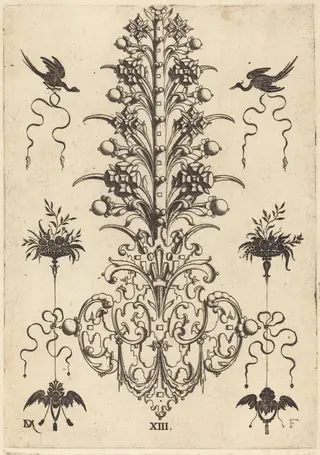Hyacinth-Shaped Brooch with Birds at Top and Devil's- and Angel's-Head at Bottom, by Daniel Mignot, ink, 1596