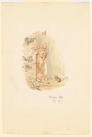 Peter by the door in the wall, by Beatrix Potter, watercolor, 1927