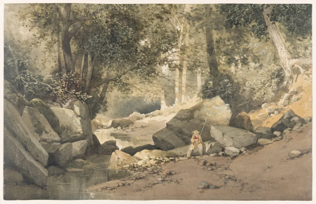 Rocky Woodland Stream with Fishermen, by Chester (Charles) Harding, watercolor, 1850