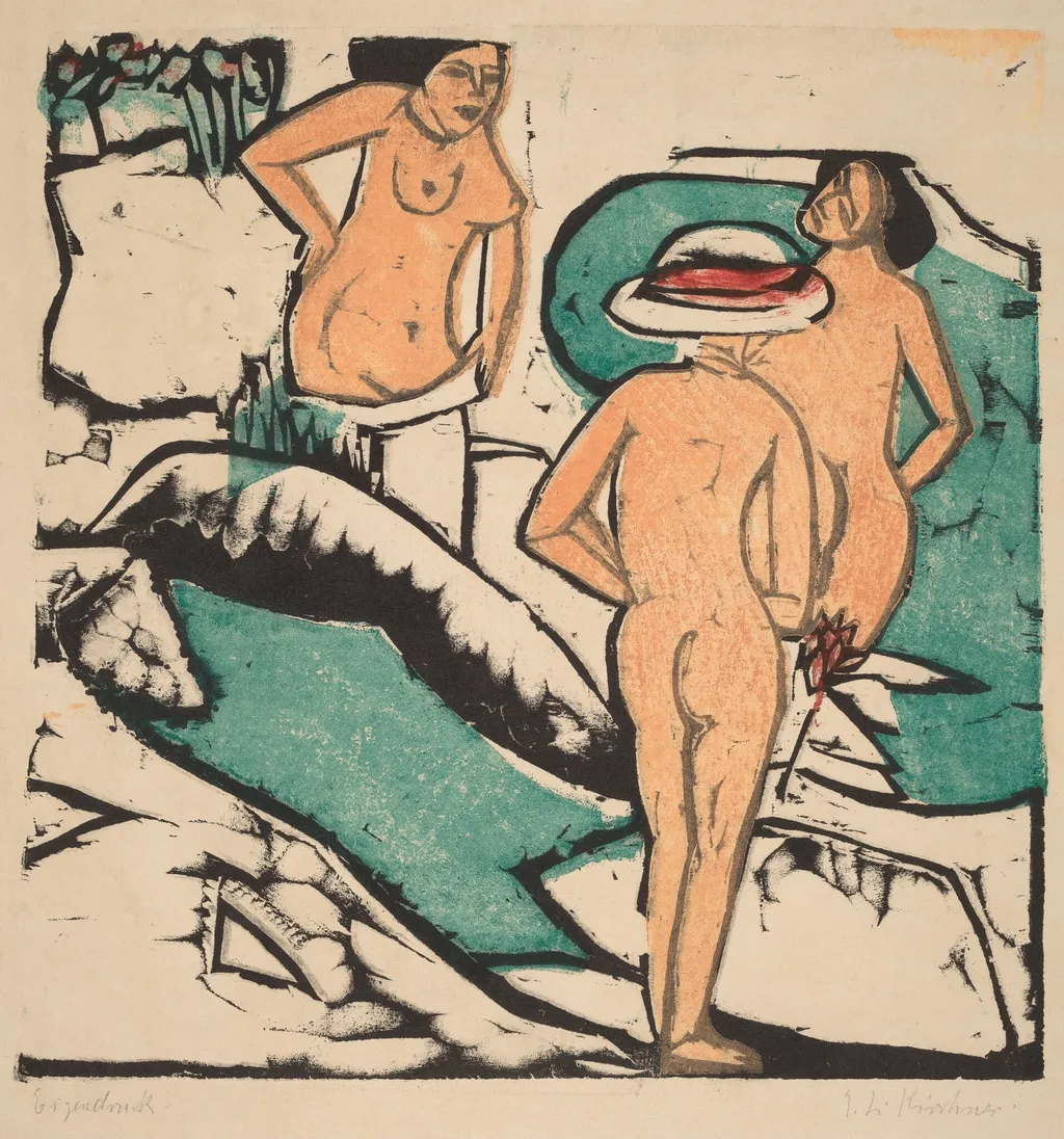 Women Bathing Between White Stones (Badende Frauen Zwischen Weissen Steinen), by Ernst Ludwig Kirchner, ink, 1912