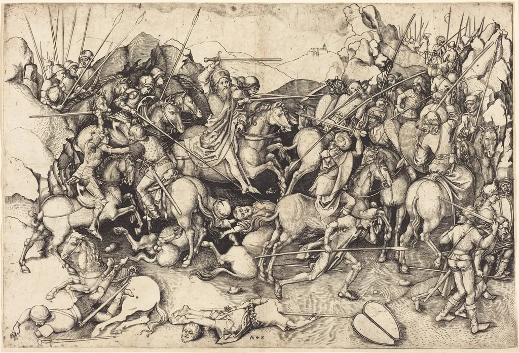 The Battle of Saint James at Clavijo, by Martin Schongauer, ink, 1472