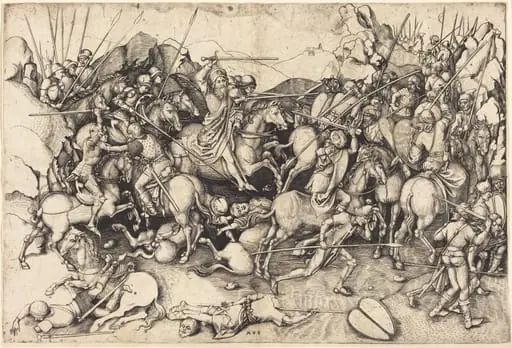 The Battle of Saint James at Clavijo, by Martin Schongauer, ink, 1472