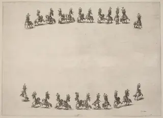 Twenty-Four Cavorting Cavaliers, by Stefano Della Bella, ink, 1652