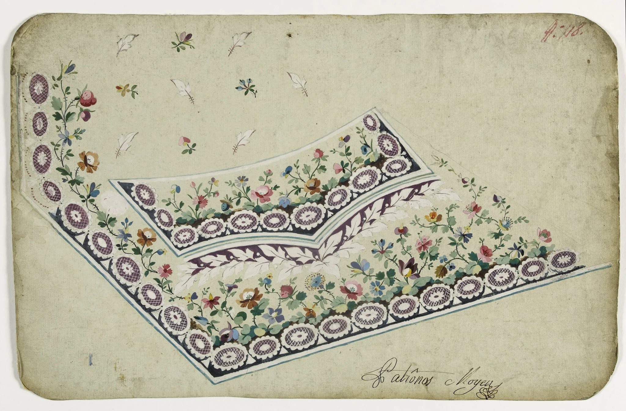 Gilet aux fleurs mauves, projets de broderies de gilet, XVIIIème siècle, detail