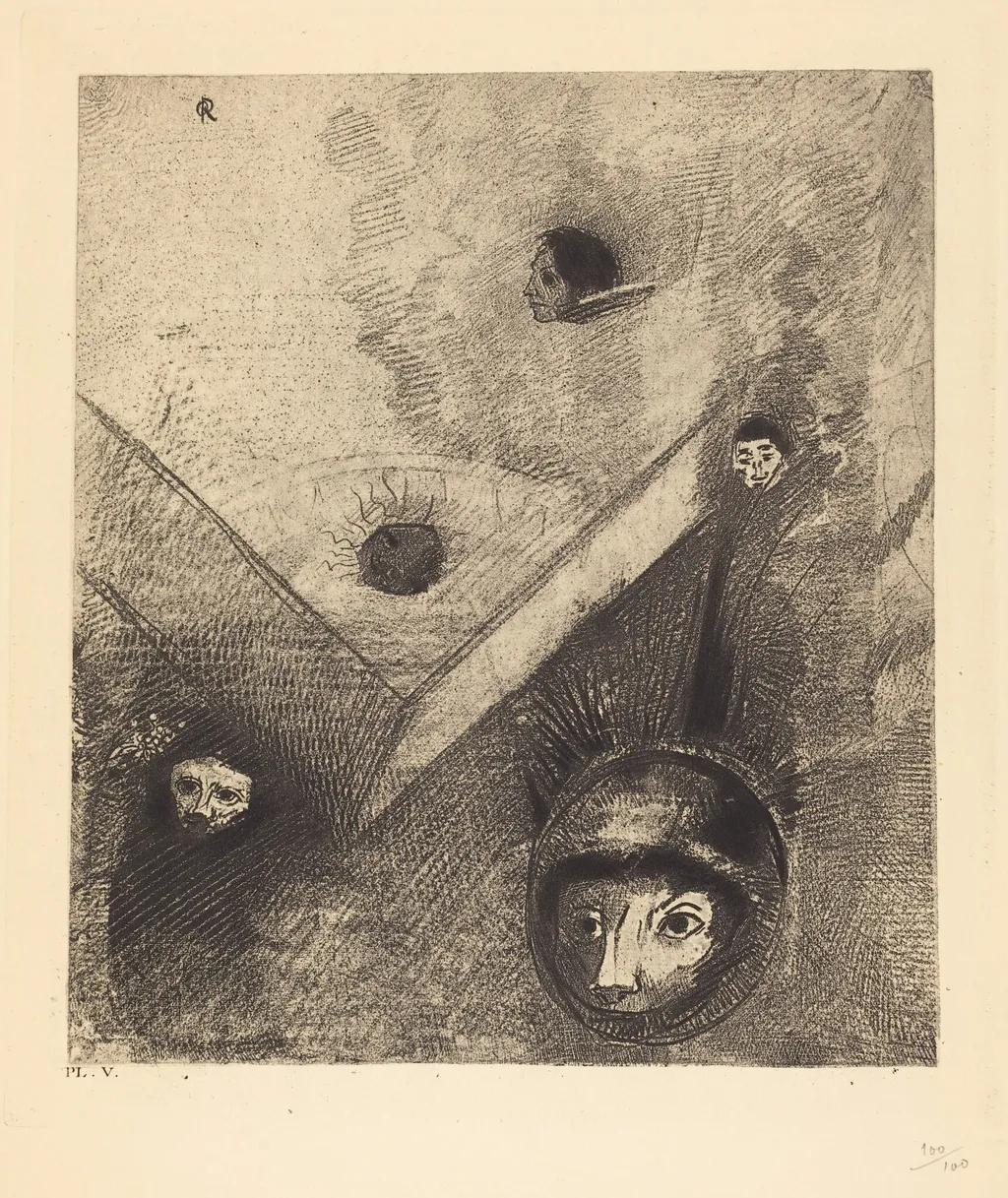 Sur le fond de nos nuits dieu de son doigt savant dessine un cauchemar multiforme et sans treve (On backdrop of our nights God with His knowing finger traces a multiform implacable nightmare), by Odilon Redon, ink, 1890