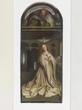 Copy of a detail of the Ghent Altarpiece, Annunicatory Angel and Prophet, by Hubert and Jan van Eyck in the church of St Bavon, Ghent., by Christian Schultz, watercolor, 1864