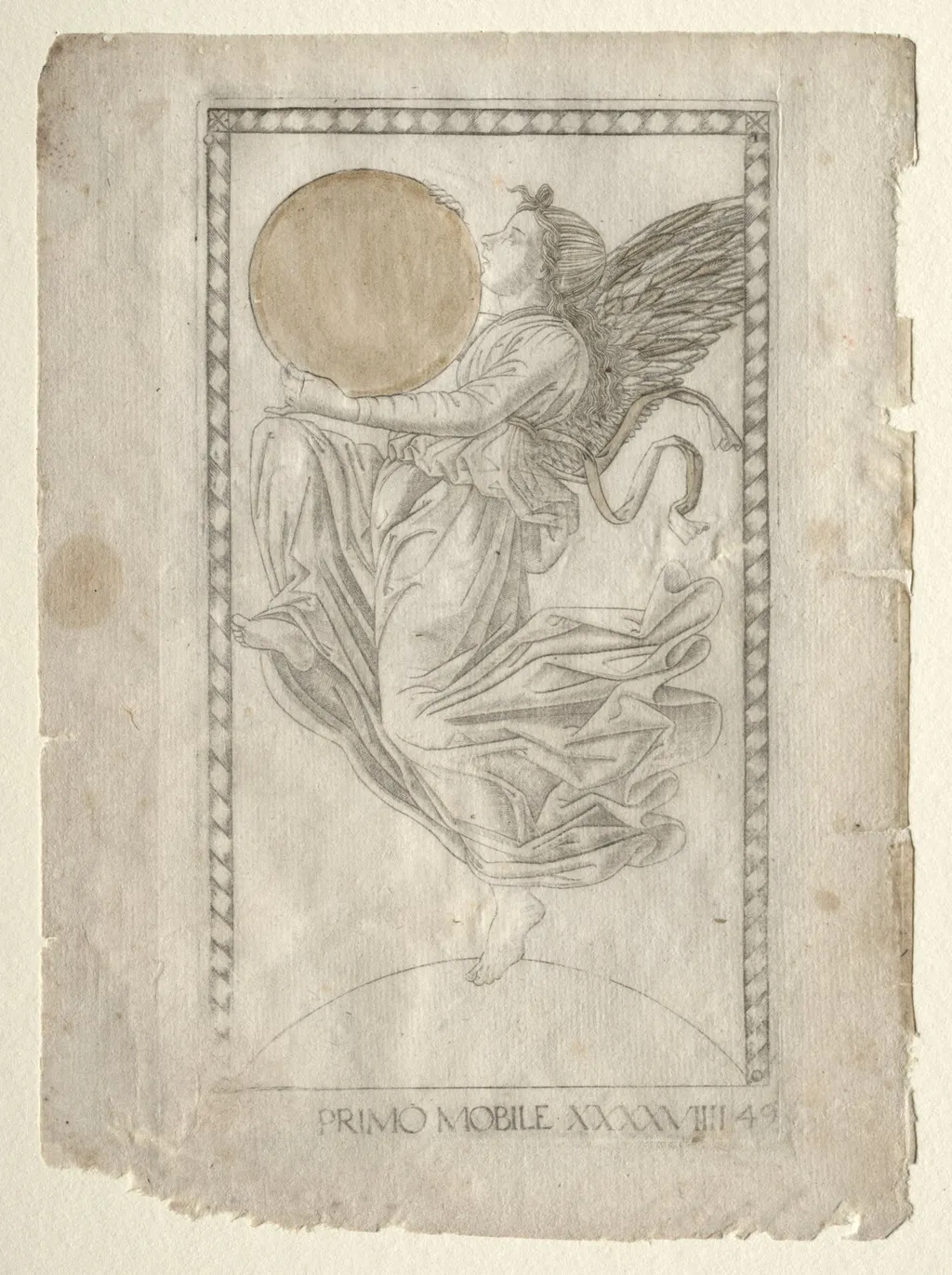 The Angel of the Ninth Sphere (from the Tarocchi, series A:  Firmaments of the Universe, #49), by Master of the E-Series Tarocchi, 1467