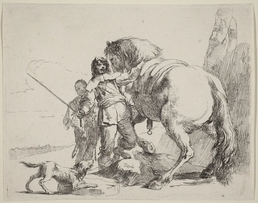 Soldier with Horse and Attendant, by Giovanni Battista Tiepolo, ink