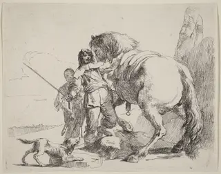 Soldier with Horse and Attendant, by Giovanni Battista Tiepolo, ink