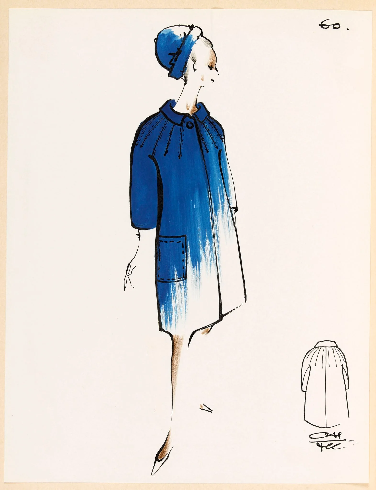 Manteau bleu foncé et chapeau assorti, detail
