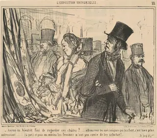 Auras-tu bientot fini de regarder ces chales?, by Honoré Daumier, ink, 1855