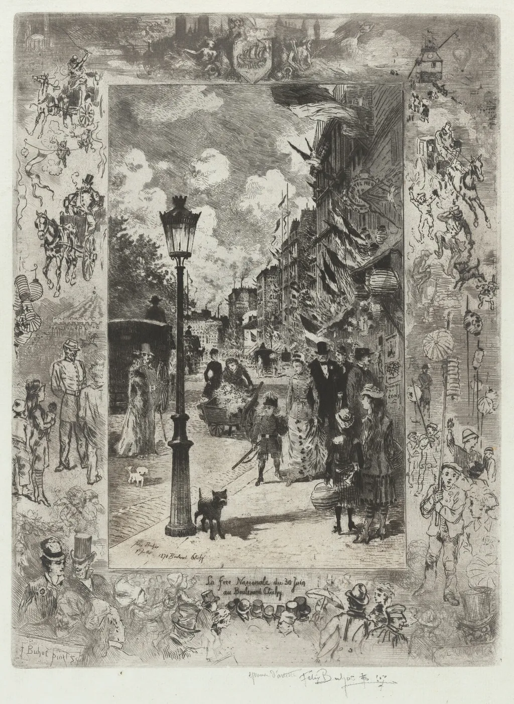 La Fete Nationale au Boulevard de Clichy (National Holiday on the Boulevard de Clichy), by Félix-Hilaire Buhot, ink, 1878