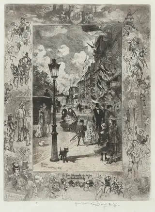 La Fete Nationale au Boulevard de Clichy (National Holiday on the Boulevard de Clichy), by Félix-Hilaire Buhot, ink, 1878