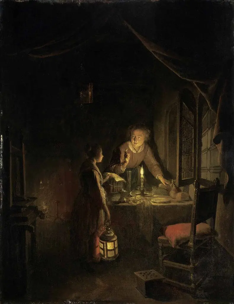 A Young Woman engaged at the Supper-table, by Gerrit Dou, oil, 1657