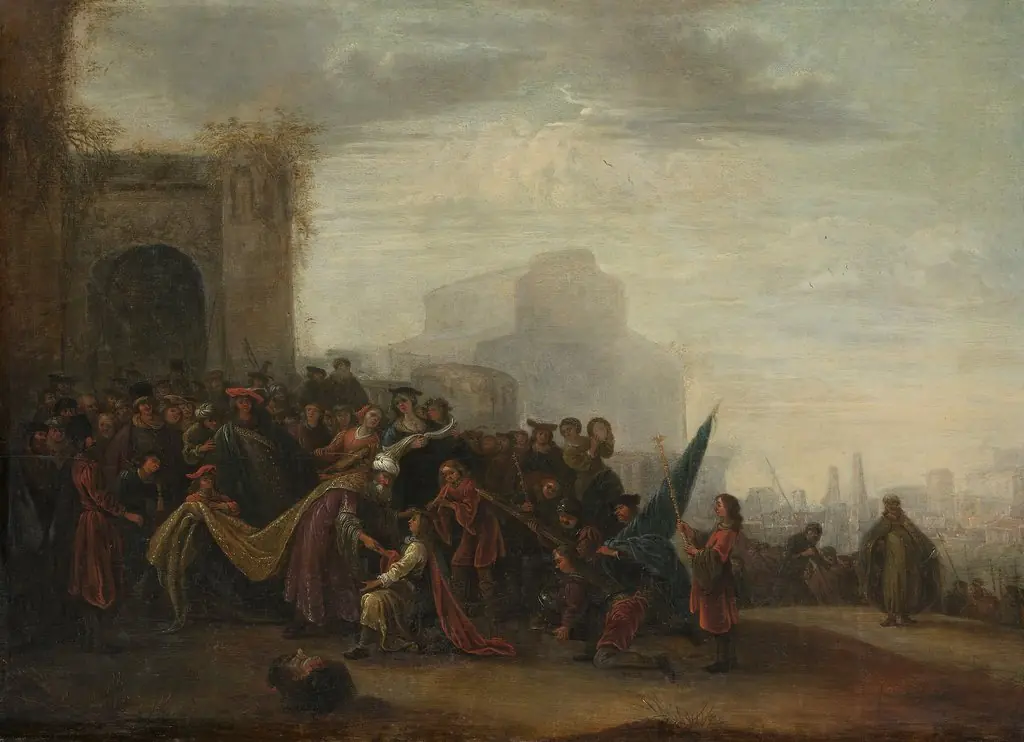 Saul honoring David after his victory over Goliath, by Gerrit de Wet, oil, 1640