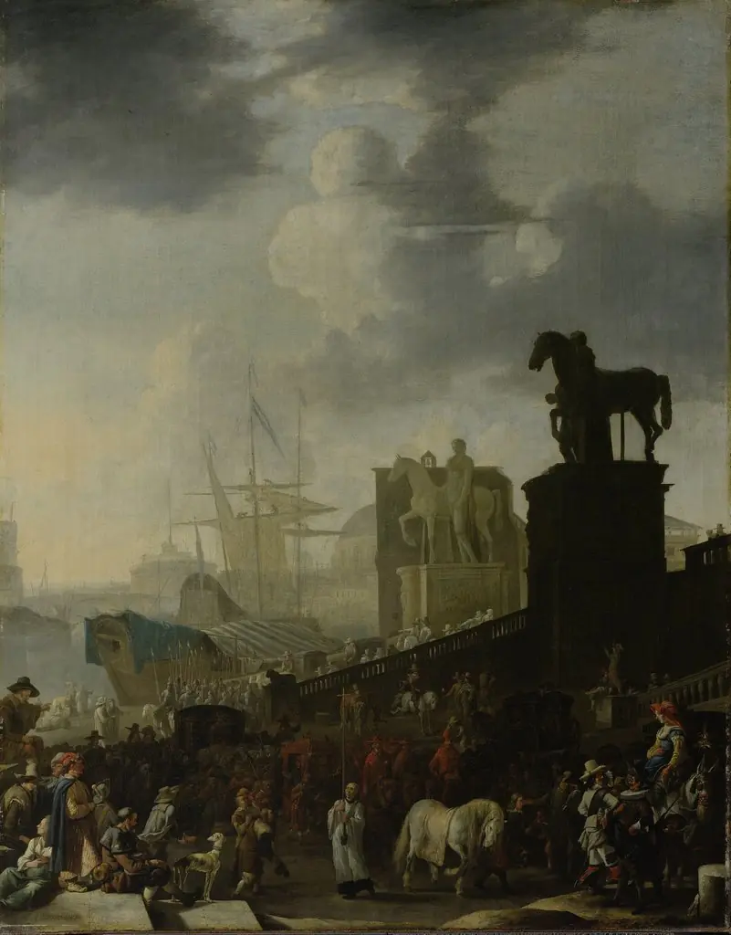 The climbing of the Capitol with the gray horse of the newly elected pope, by Johannes Lingelbach, oil, 1650