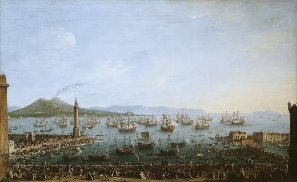 Carlos III leaving the Port of Naples, as Seen from the Land, by Antonio Joli, oil, 1759