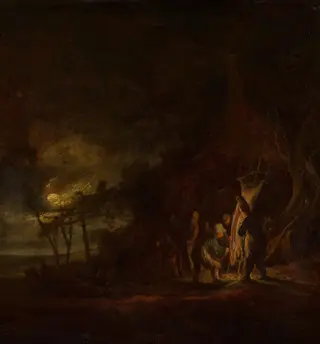Slaughtered Pig in a Moonlit Landscape, by Cornelis Symonsz van der Schalcke, unspecified, 1644