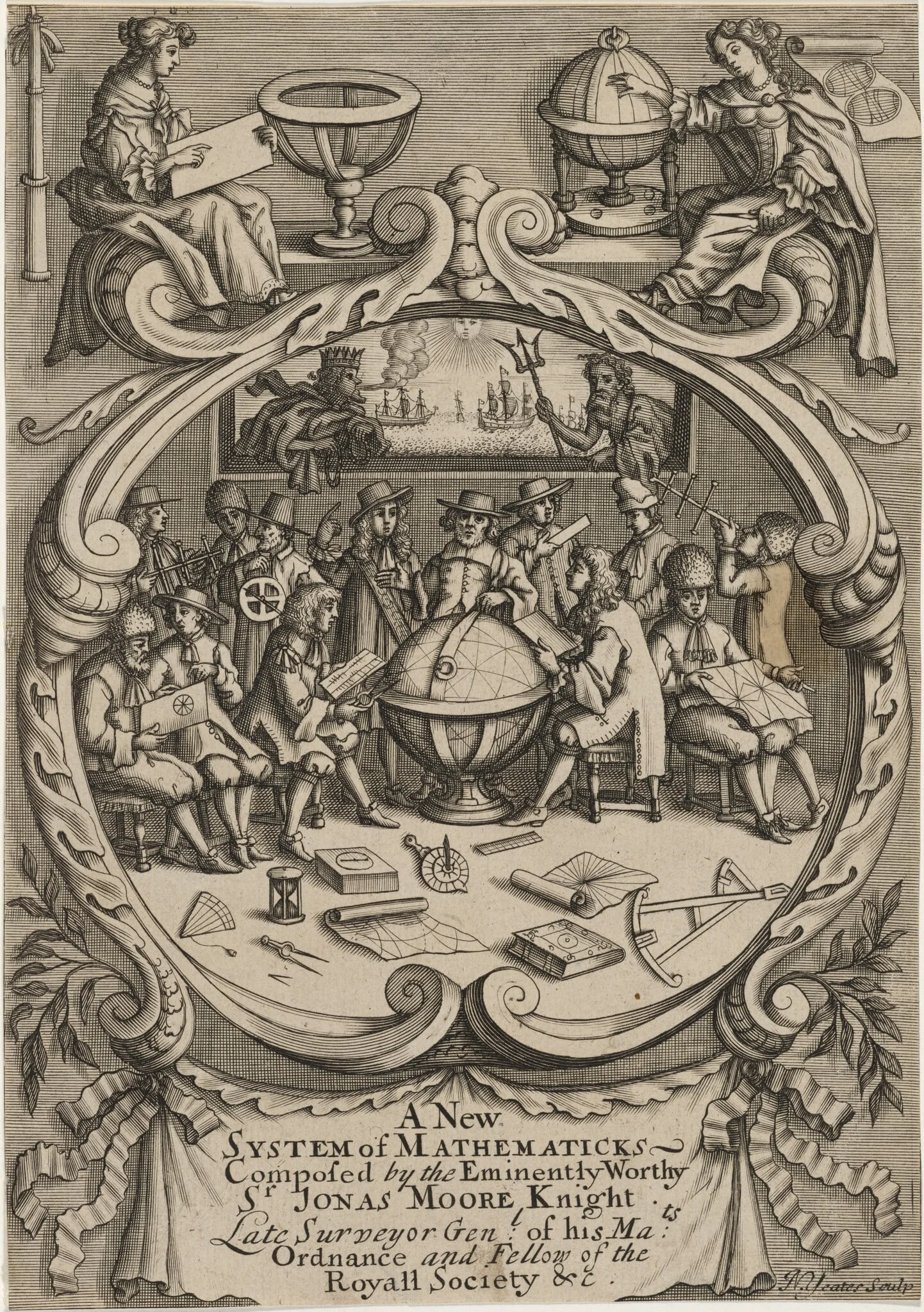 Title Page to A New System of Mathematicks, Composed by Sir Jonas Moore, Knight, detail