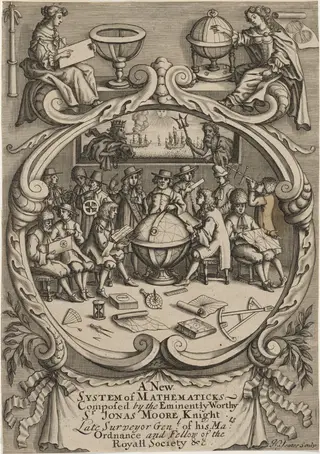 Title Page to A New System of Mathematicks, Composed by Sir Jonas Moore, Knight, by Nicholas Yeates, ink, 1670