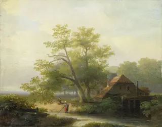 A Watermill in a Woody Landscape, by Lodewijk Hendrik Arends, oil, 1854