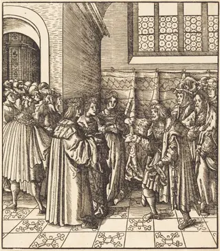 A Legation before a King, near Him Two Women Standing, by Leonhard Beck, ink, 1515