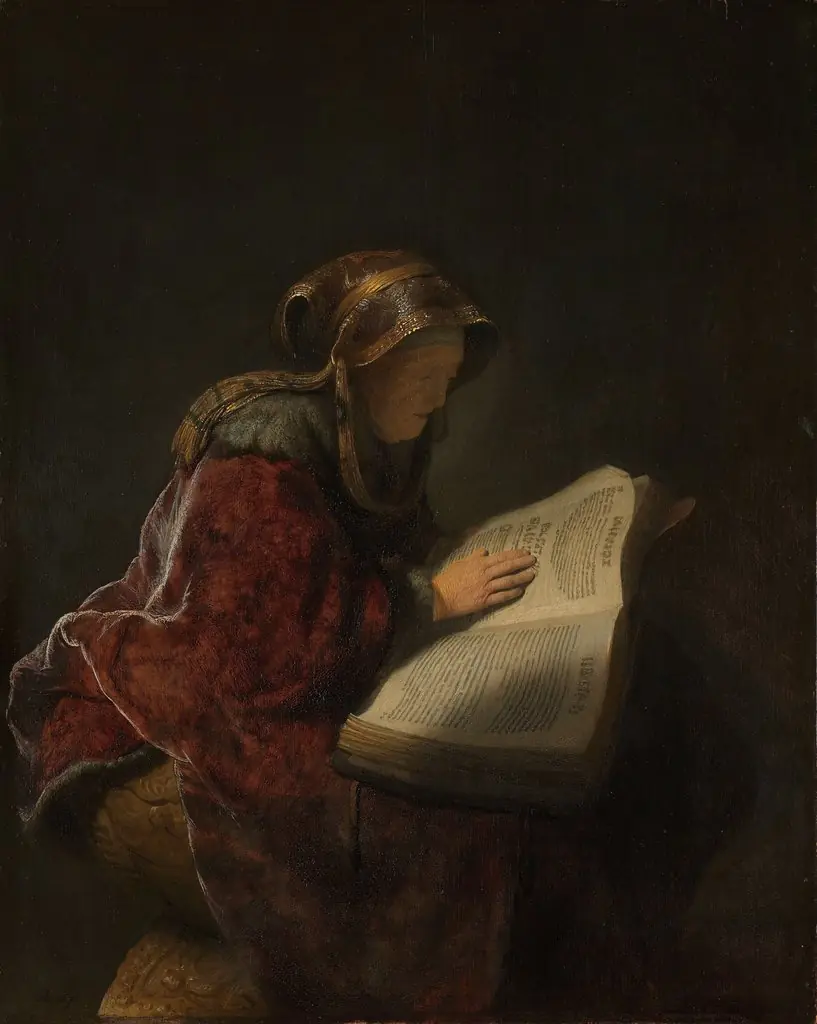 An Old Woman Reading, Probably the Prophetess Hannah, by Rembrandt, oil, 1631