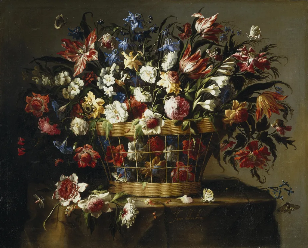 Basket of Flowers, by Juan de Arellano, oil, 1670