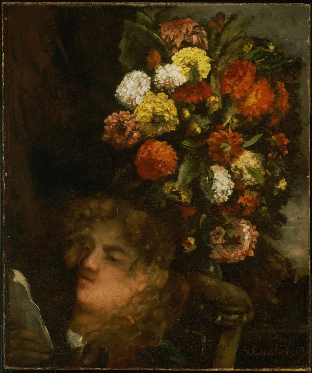 Head of a Woman and Flowers, by Gustave Courbet, oil, 1871