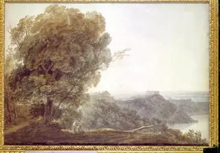 Castel Gandolfo and Lake Albano. View of the  Campagna of Rome, by John Robert Cozens, watercolor, 1750