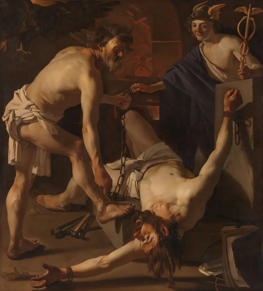 Prometheus Being Chained by Vulcan, by Dirck van Baburen, oil, 1623