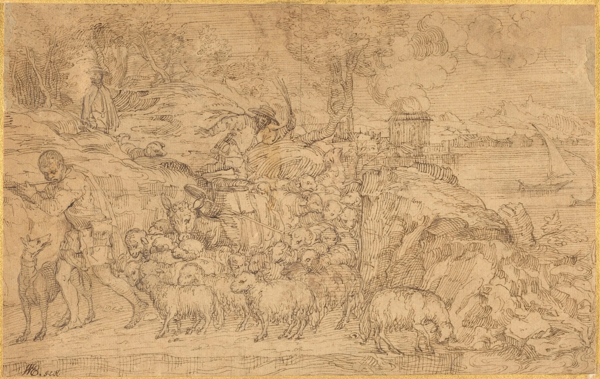 Shepherd Playing a Flute and Leading His Flock, detail