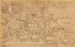 Shepherd Playing a Flute and Leading His Flock, by Domenico Campagnola, chalk, 1532