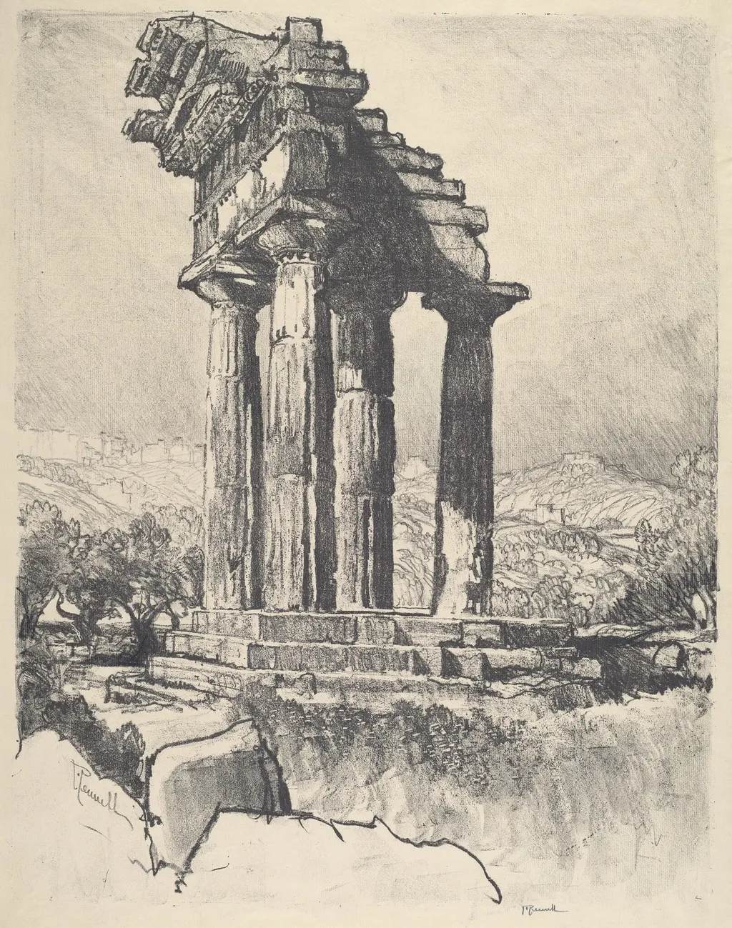 The Columns of Castor and Pollux, Girgenti, by Joseph Pennell, ink, 1913