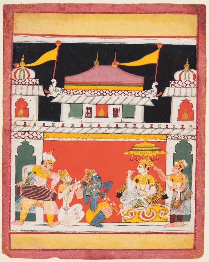 Three Musicians Perform Before a King: Shri Raga, from a Ragamala, detail