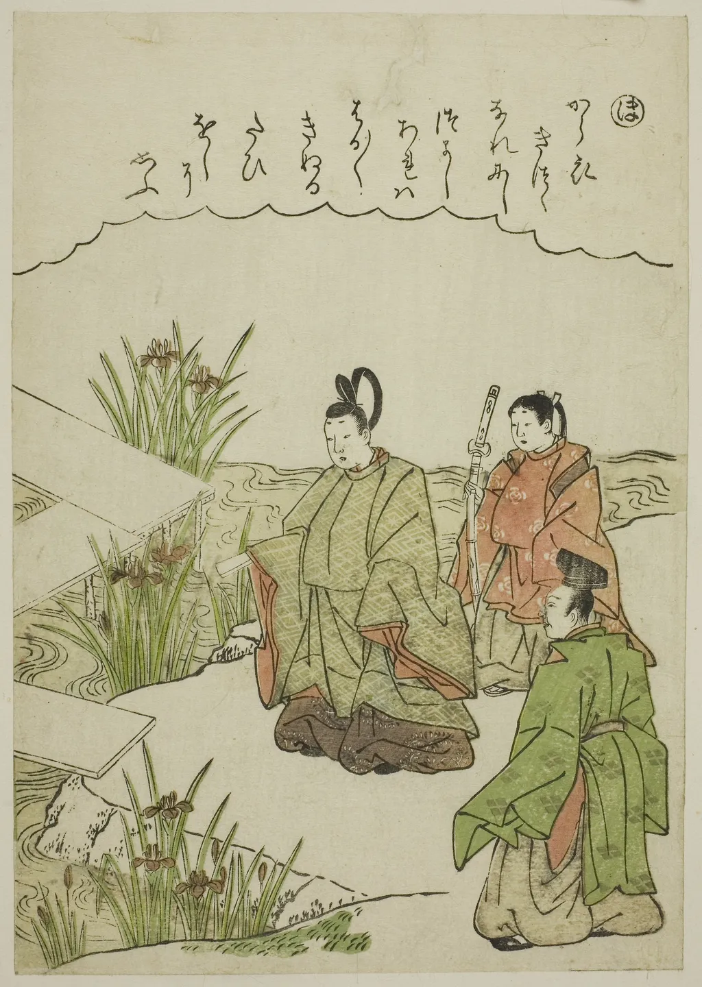 "Ho": Yatsuhashi Bridge in Mikawa Province, from the series "Tales of Ise in Fashionable Brocade Pictures (Furyu nishiki-e Ise monogatari)", by Katsukawa Shunshō, unspecified, 1772