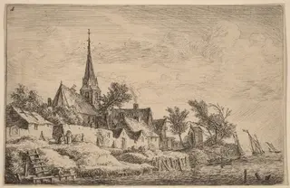 Village Steeple at the Seaside, by Anthonie Waterloo, ink, 1650