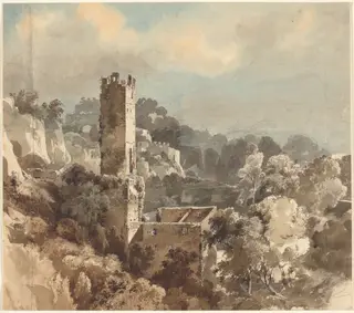Ruins of a Fortified Tower among Wooded Hills, by Friedrich Salathé, graphite, 1818