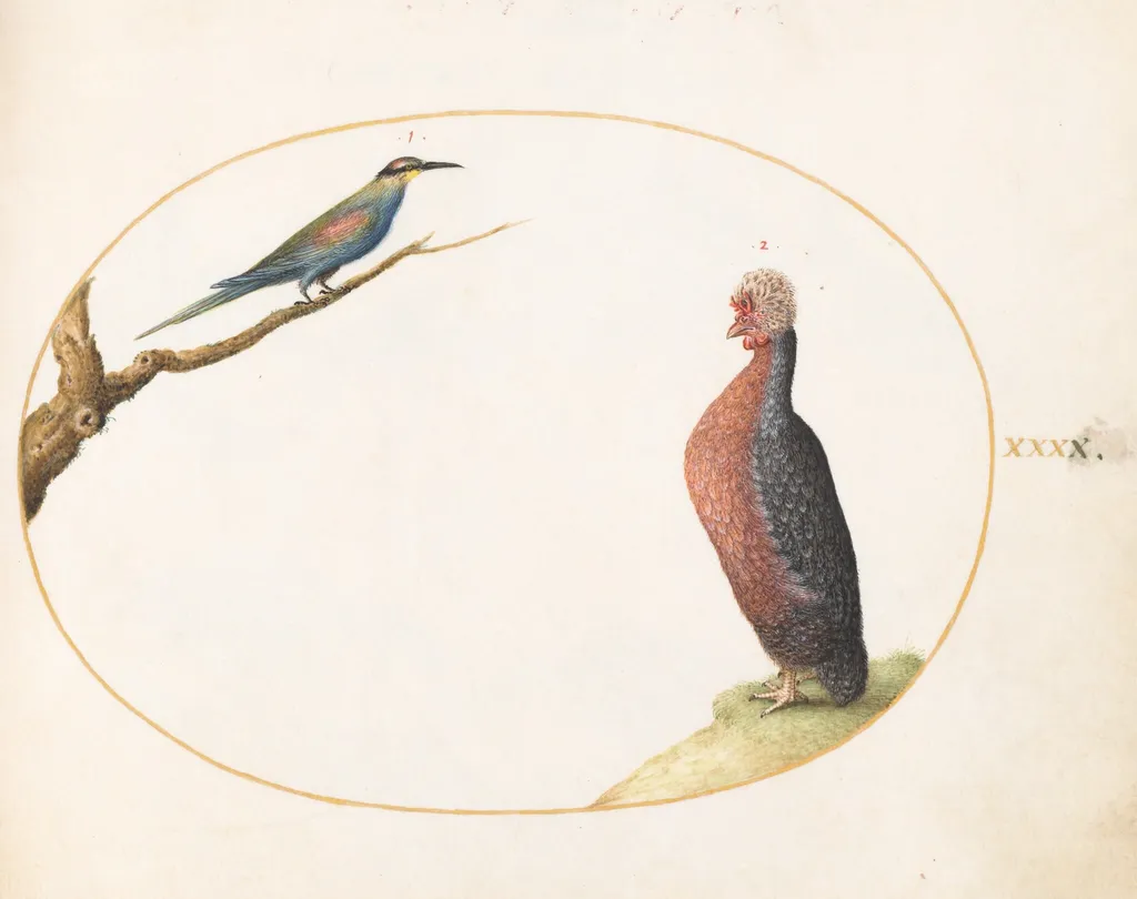 Plate 40: European Bee-Eater and Exotic Chicken, by Joris Hoefnagel, gouache, 1594