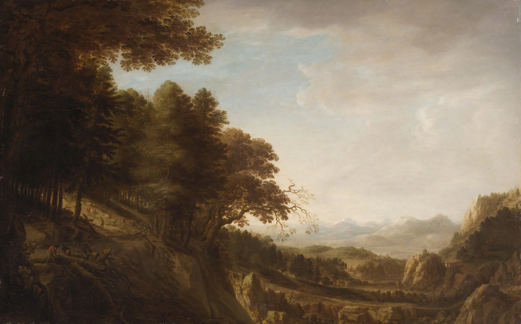 Wooded mountain landscape with lumberjacks, detail